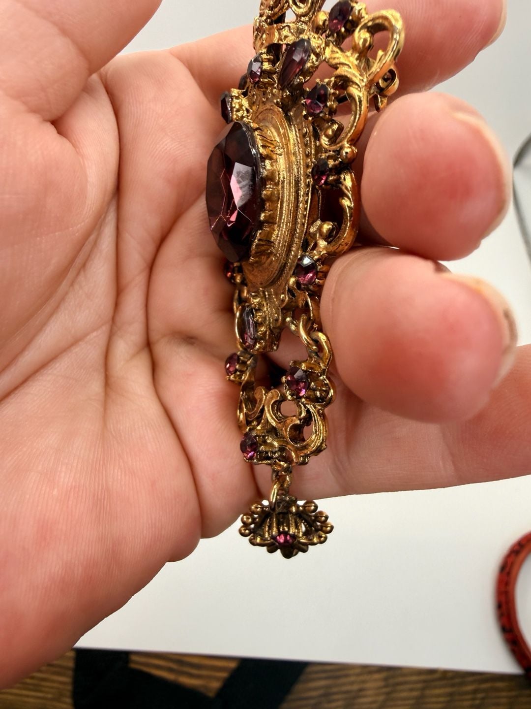 Vintage Victorian Revival Purple Rhinestone Chatelaine Brooch 3