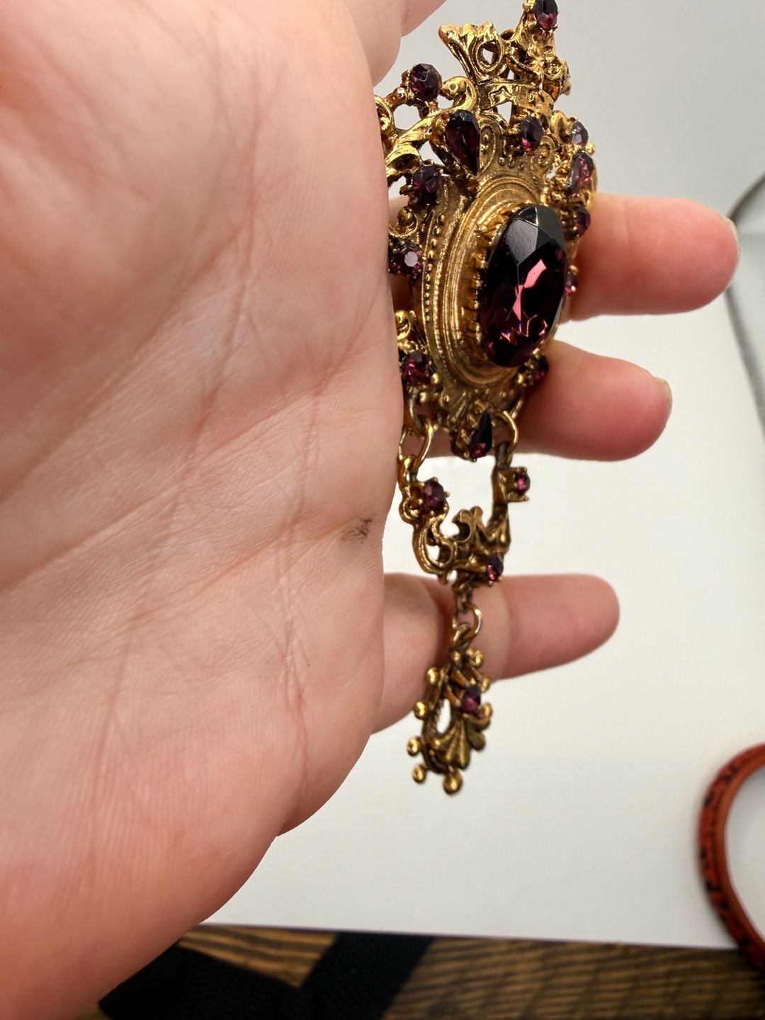 Vintage Victorian Revival Purple Rhinestone Chatelaine Brooch 5