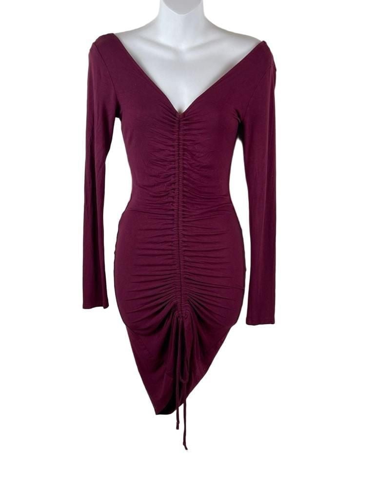 Fashion Nova Hong Kong Ruched Dress Size S Wine Burgundy Long Sleeve 2