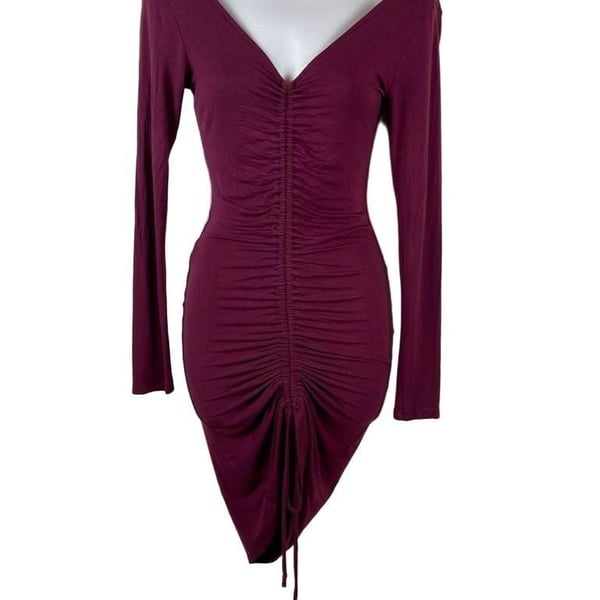 Fashion Nova Hong Kong Ruched Dress Size S Wine Burgundy Long Sleeve