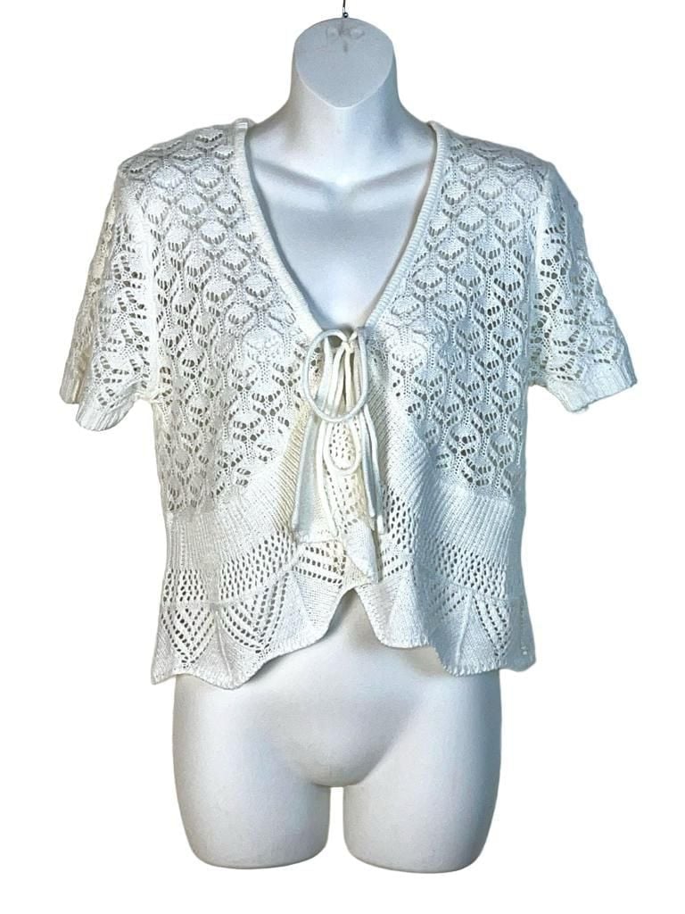 Sweet Kizz Crochet Cardigan Size Large White Short Sleeve Tie Front 2