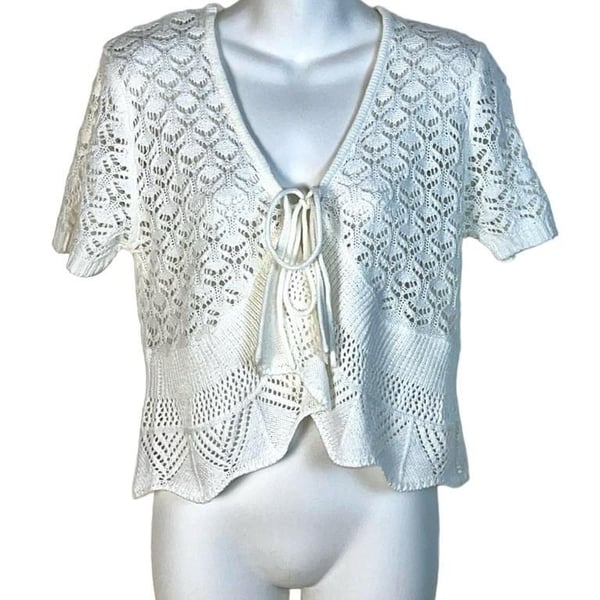 Sweet Kizz Crochet Cardigan Size Large White Short Sleeve Tie Front