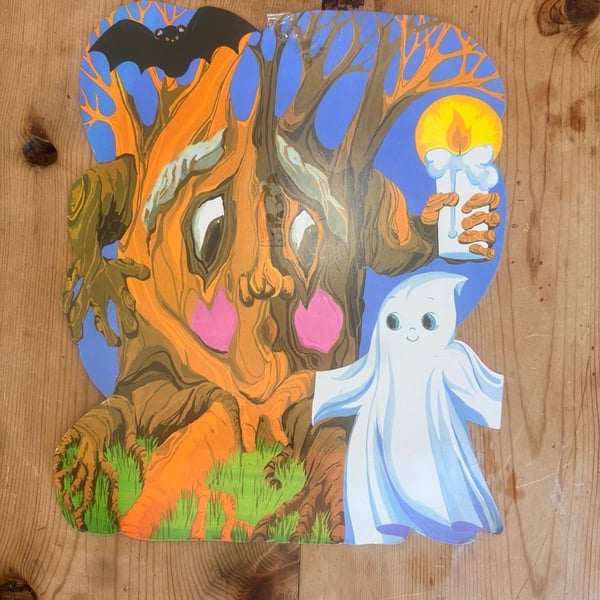 Vintage Die Cut Halloween Decoration - Haunted Tree and Ghost Cardboard