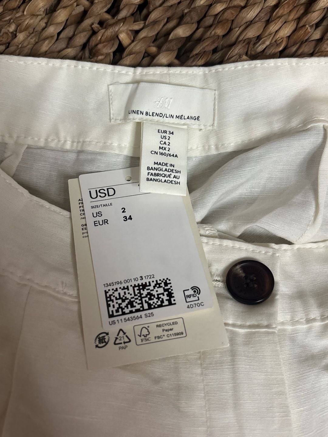 H&M Linen Blend Pants White Wide Leg Pleated Trousers Size 2 7