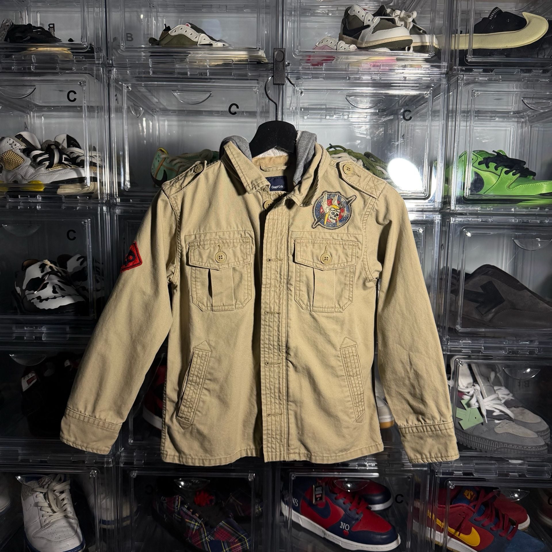 Gap Kids Military Utility Jacket Size M 8 Khaki Patches Hoodie 2