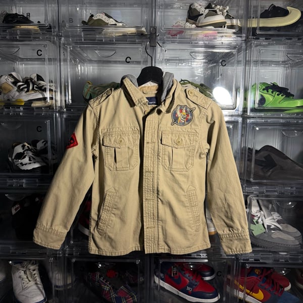 Gap Kids Military Utility Jacket Size M 8 Khaki Patches Hoodie