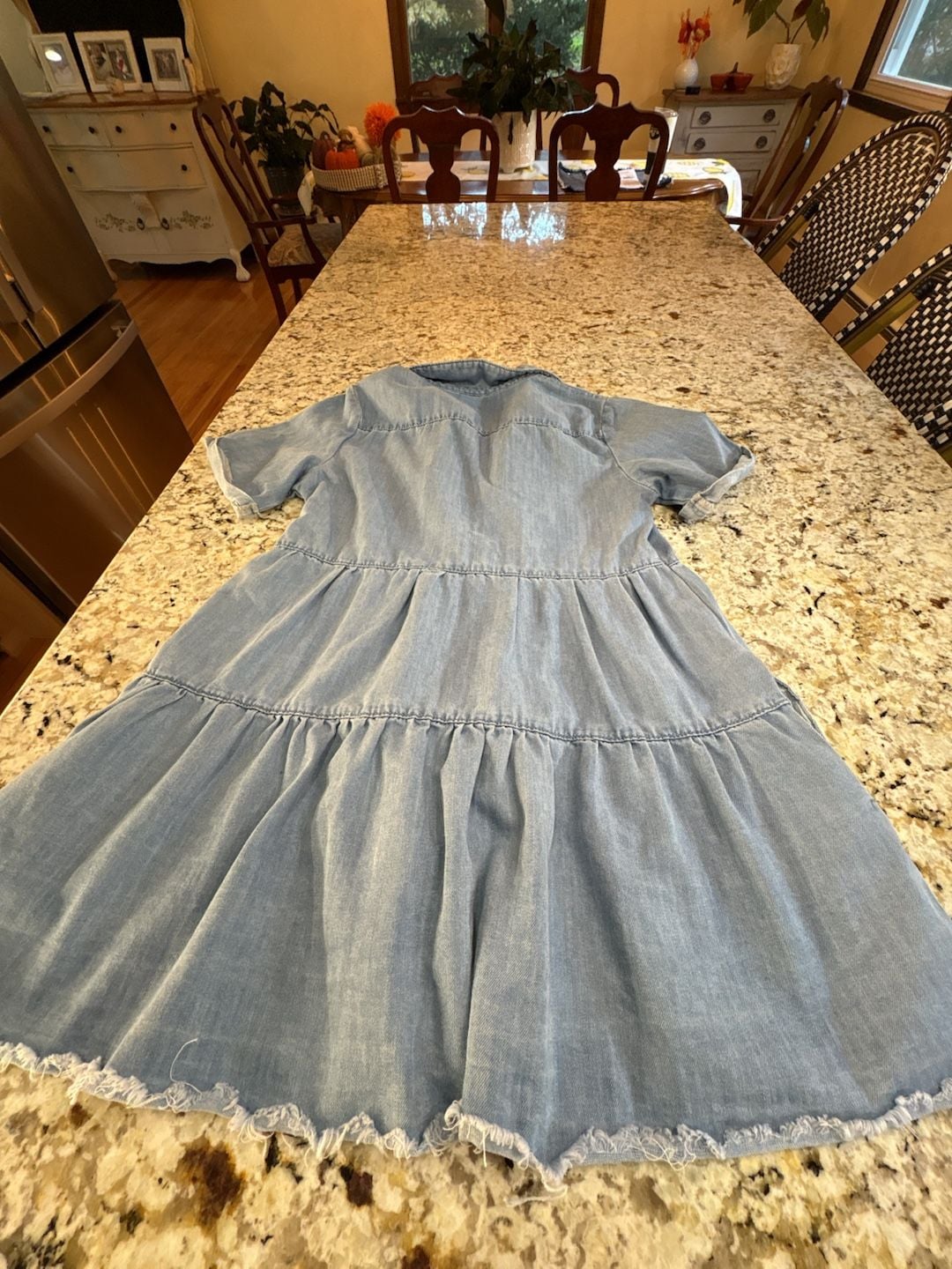 Pink Lily Denim Shirt Dress Size S Light Wash Tiered Short Sleeve Raw Hem 7