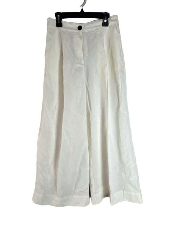 H&M Linen Blend Pants White Wide Leg Pleated Trousers Size 2 2