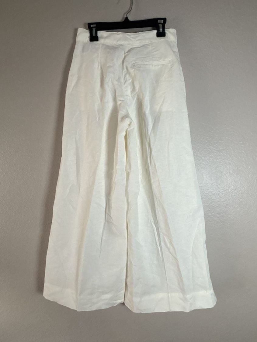 H&M Linen Blend Pants White Wide Leg Pleated Trousers Size 2 6