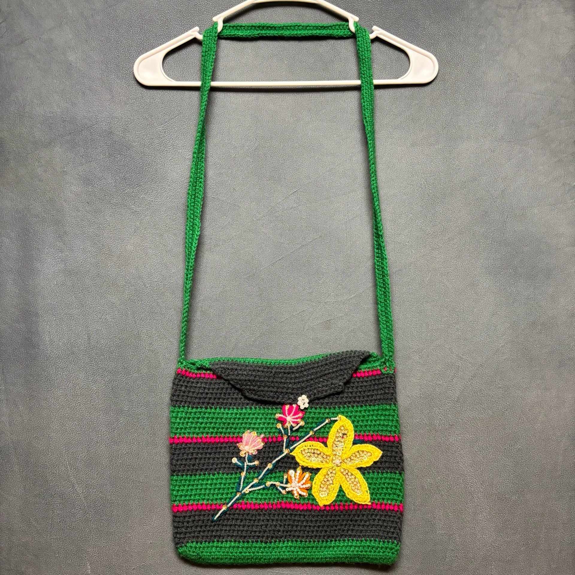 Handmade Crochet Crossbody Bag Striped Floral Beaded 2