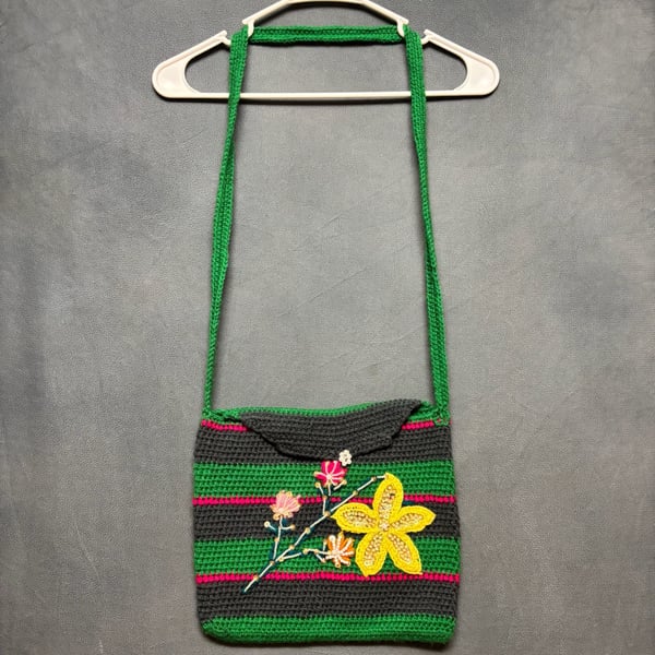 Handmade Crochet Crossbody Bag Striped Floral Beaded
