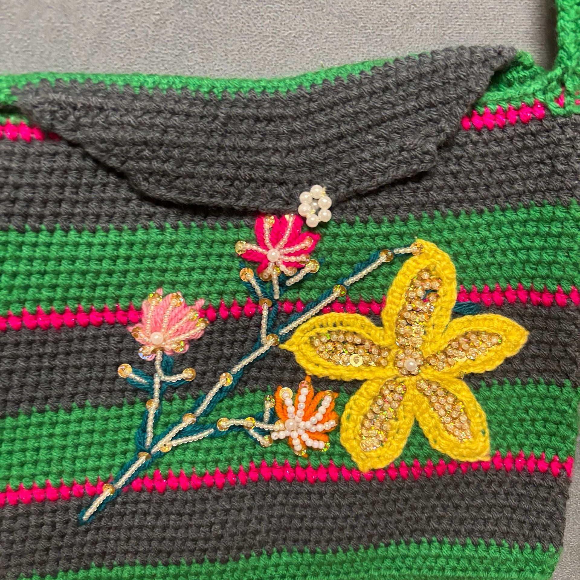 Handmade Crochet Crossbody Bag Striped Floral Beaded 3