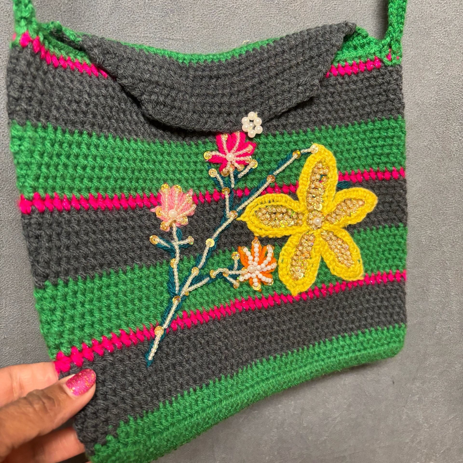 Handmade Crochet Crossbody Bag Striped Floral Beaded 4