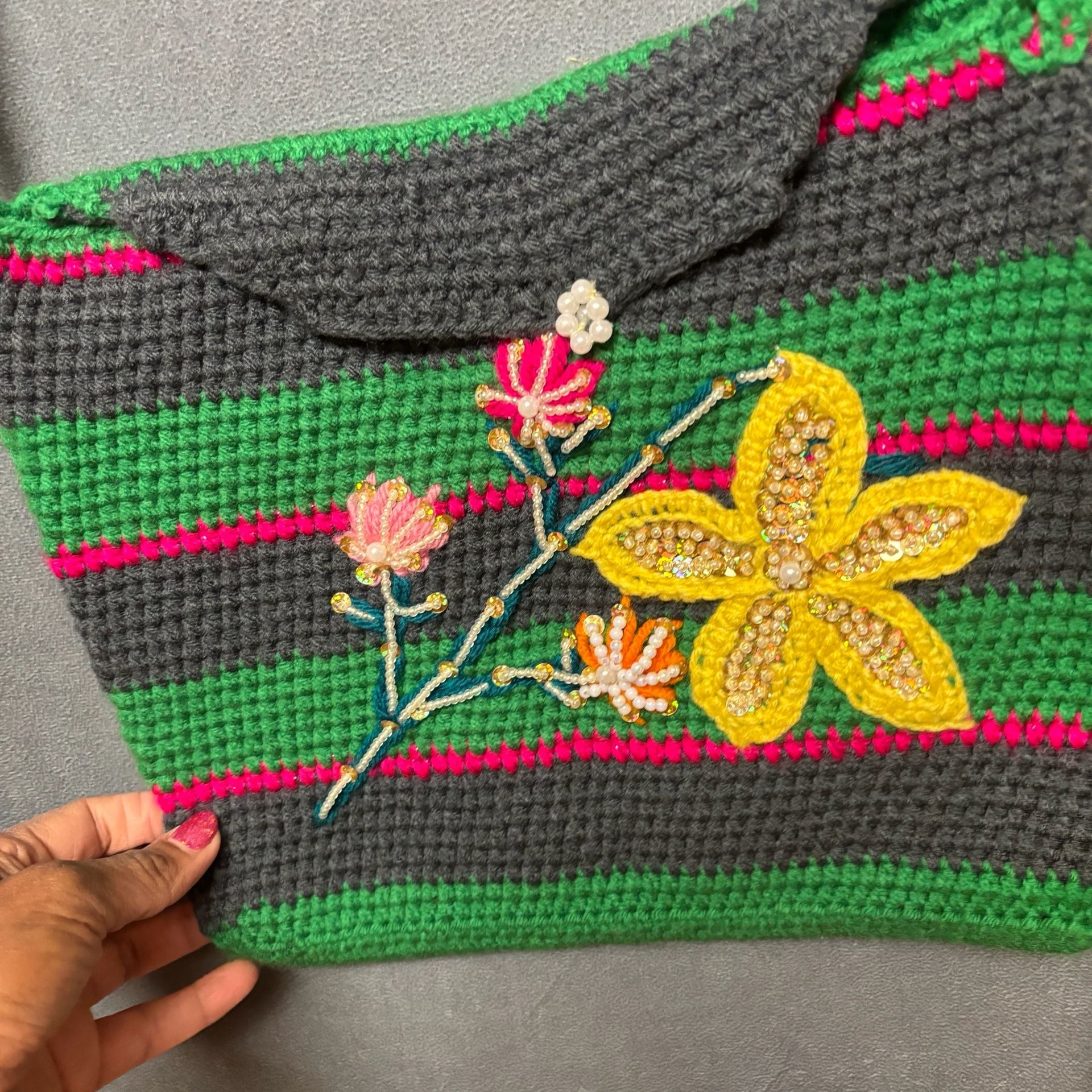 Handmade Crochet Crossbody Bag Striped Floral Beaded 5