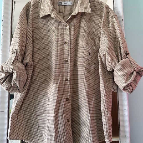 LL Bean Traveler Button Down Shirt XL Reg Brown Grid Check