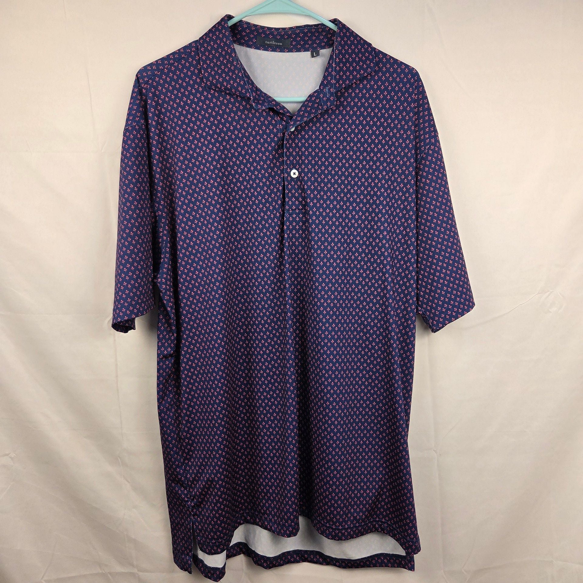 Turtleson Polo Shirt Size L Navy Pink Leaf Print Golf Performance 2