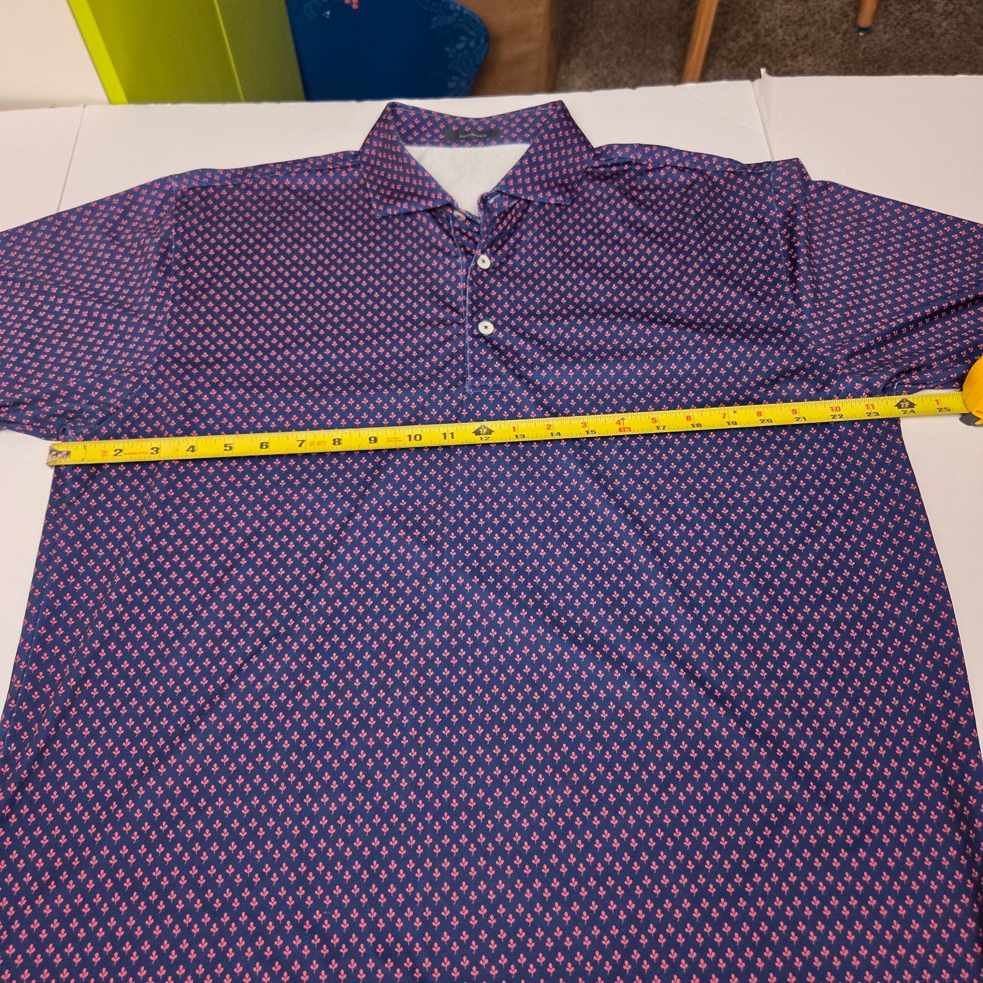 Turtleson Polo Shirt Size L Navy Pink Leaf Print Golf Performance 8