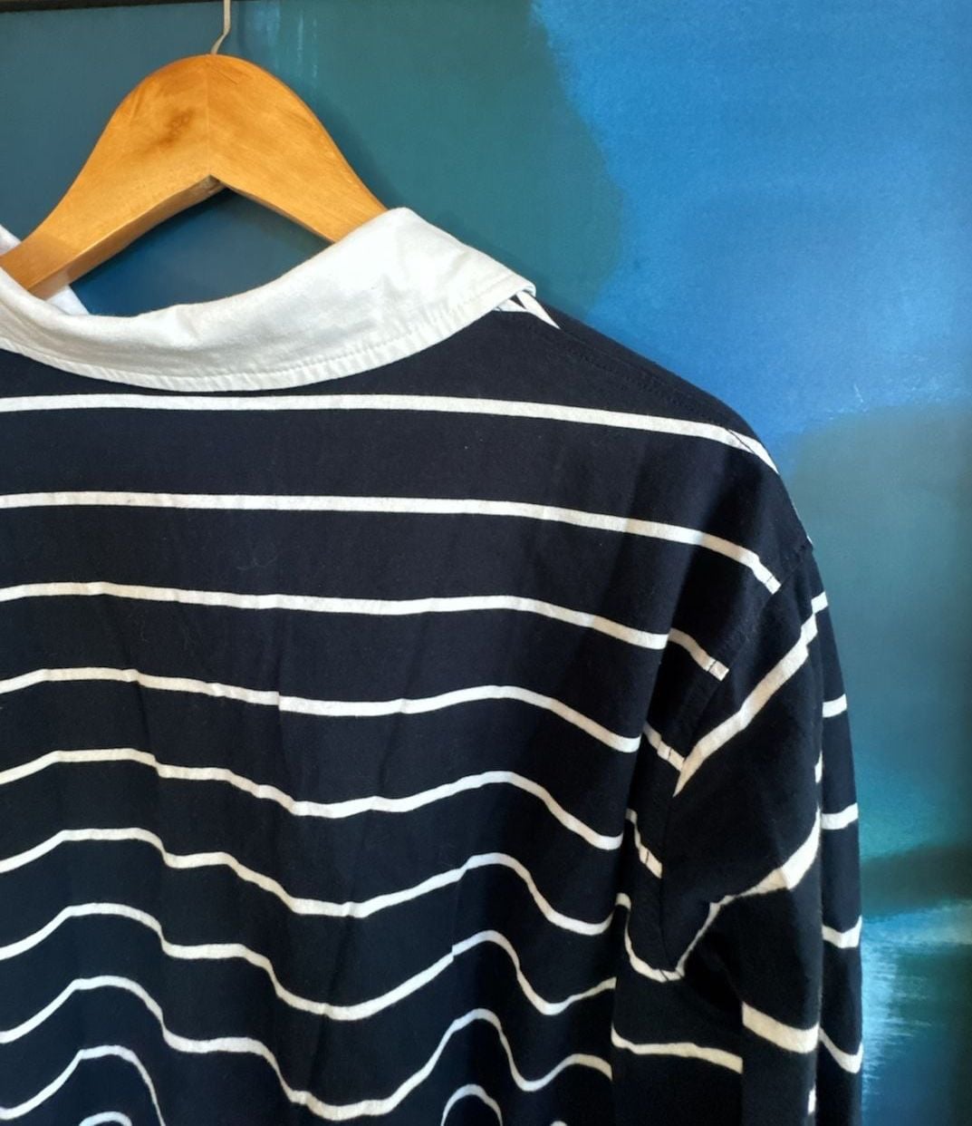 Easy Clothes Nicoli Polo Shirt Blue Striped Long Sleeve Rugby 7