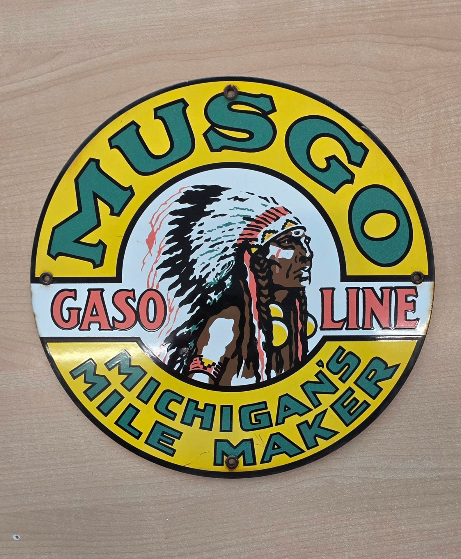 Musgo Gasoline Michigan's Mile Maker Enamel Sign 12 Inch Vintage 1