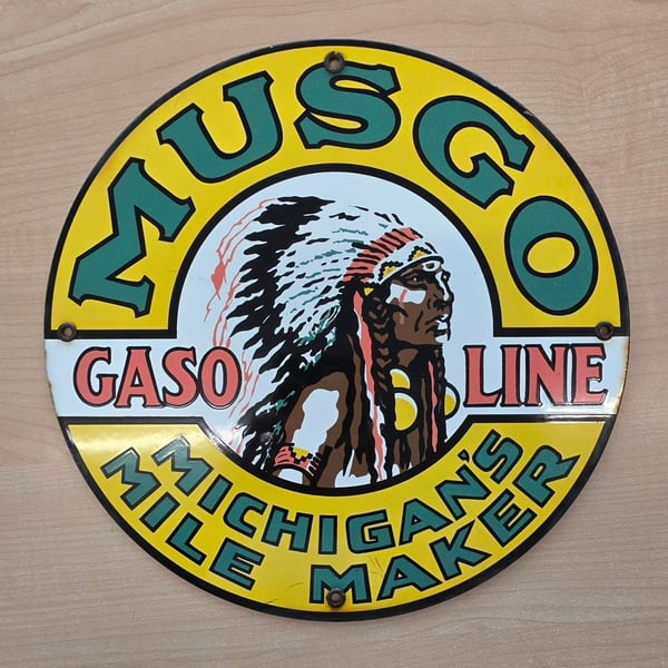 Musgo Gasoline Michigan's Mile Maker Enamel Sign 12 Inch Vintage