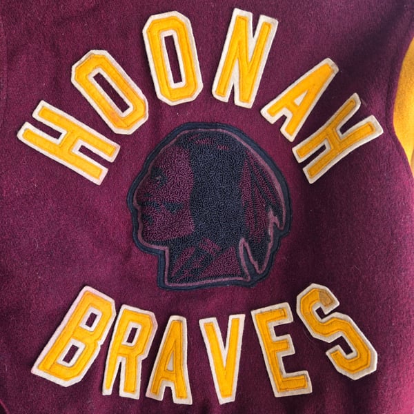 Vintage Hoonah Braves Varsity Jacket Maroon Leather Wool 1991 Ben