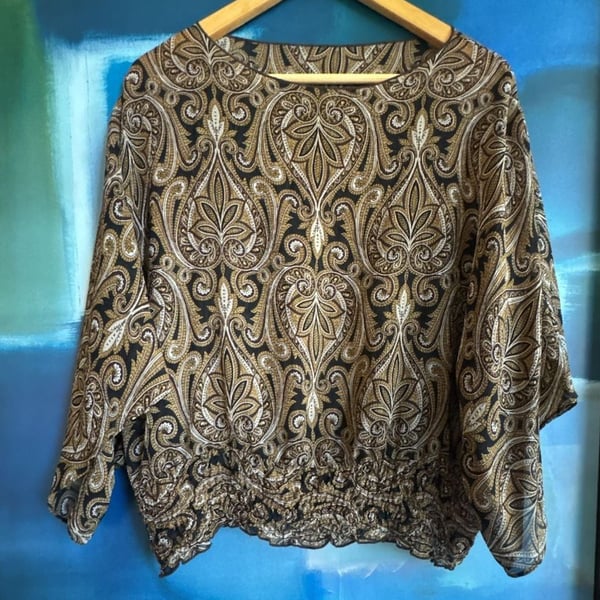 Paisley Silk Blouse Brown Gold Dolman Sleeve