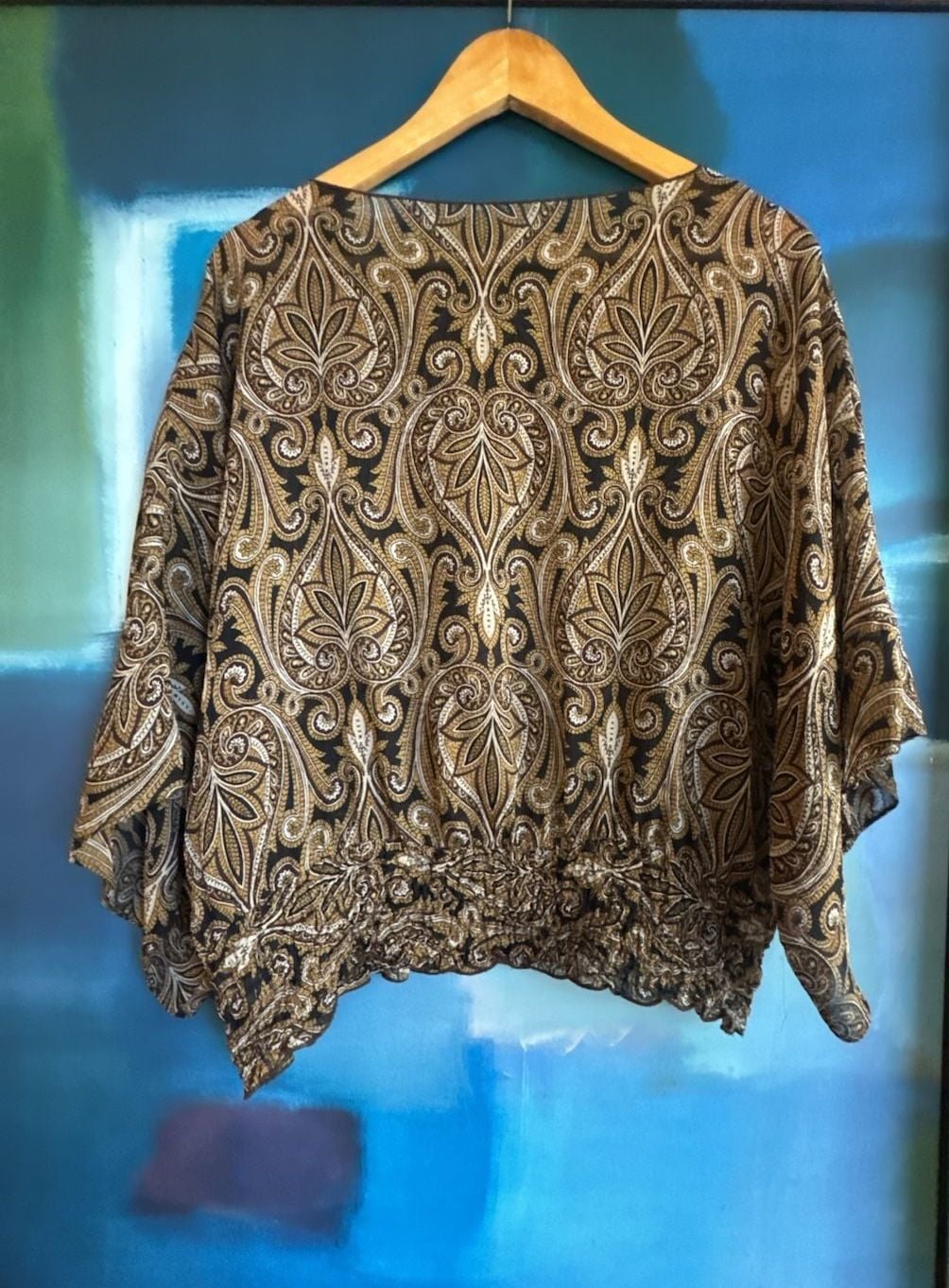 Paisley Silk Blouse Brown Gold Dolman Sleeve 8
