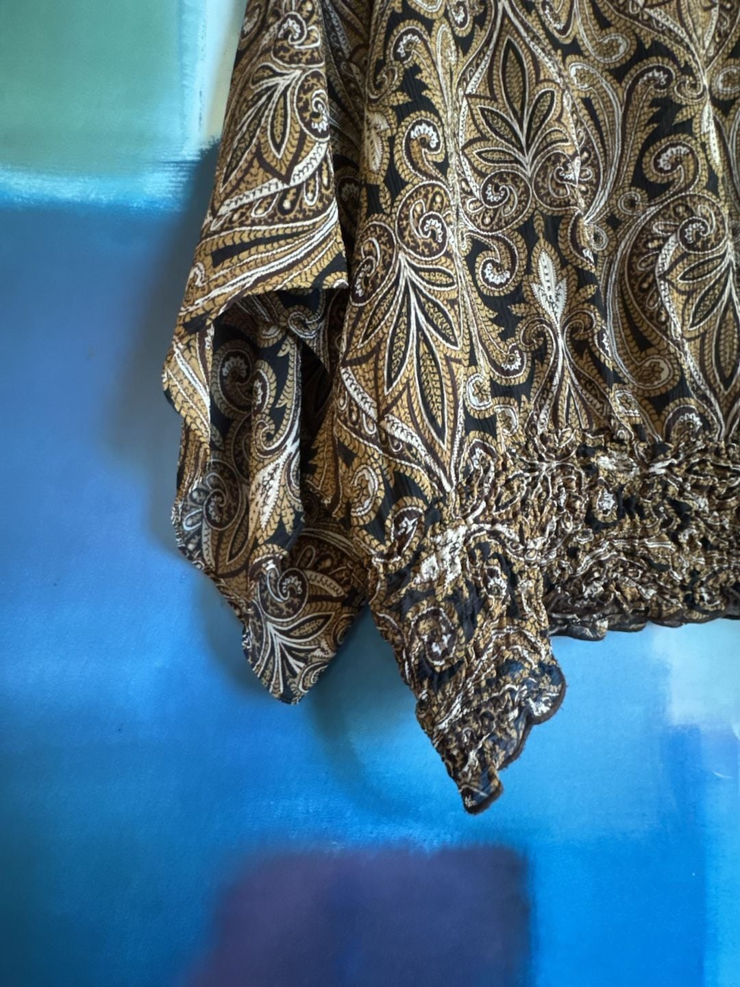 Paisley Silk Blouse Brown Gold Dolman Sleeve 9