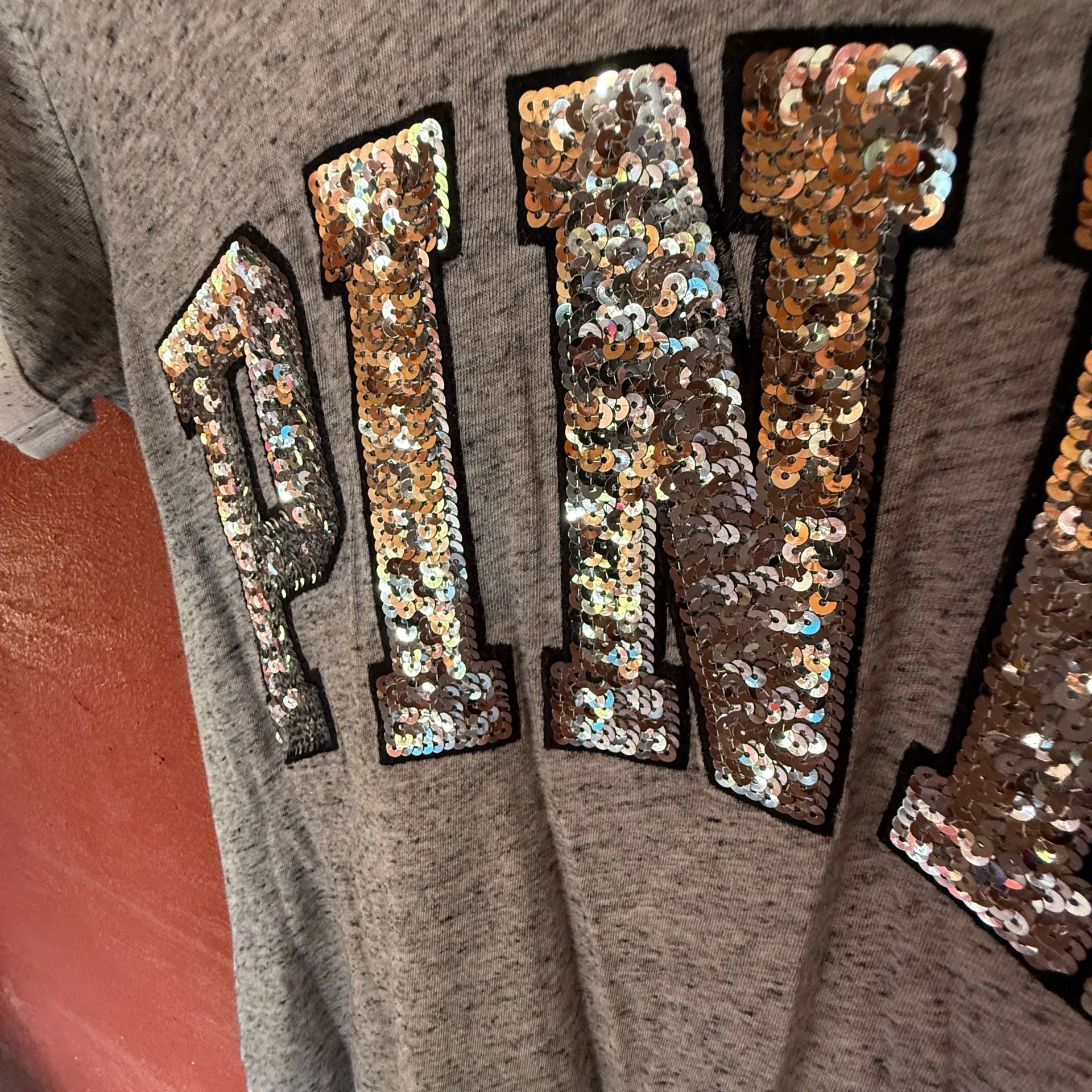 PINK Victoria's Secret Sequin Ringer T-Shirt Size XS Grey White 3