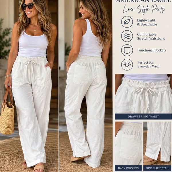 American Eagle Linen Style Pants Size XS White Drawstring