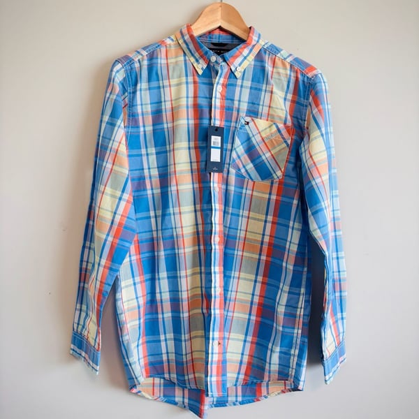 Tommy Hilfiger Plaid Long Sleeve Button Down Shirt Size XL 20 Summer Blue