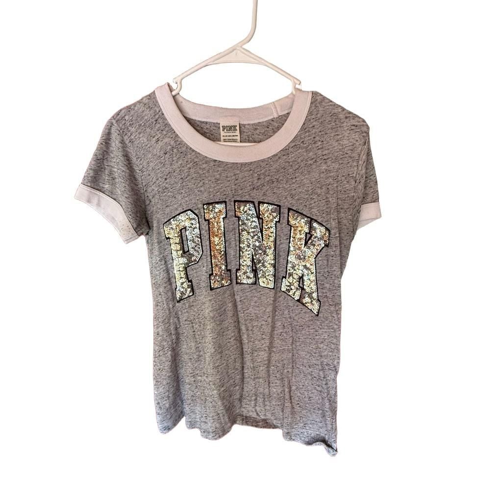 PINK Victoria's Secret Sequin Ringer T-Shirt Size XS Grey White 2