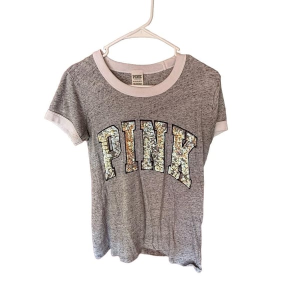 PINK Victoria's Secret Sequin Ringer T-Shirt Size XS Grey White