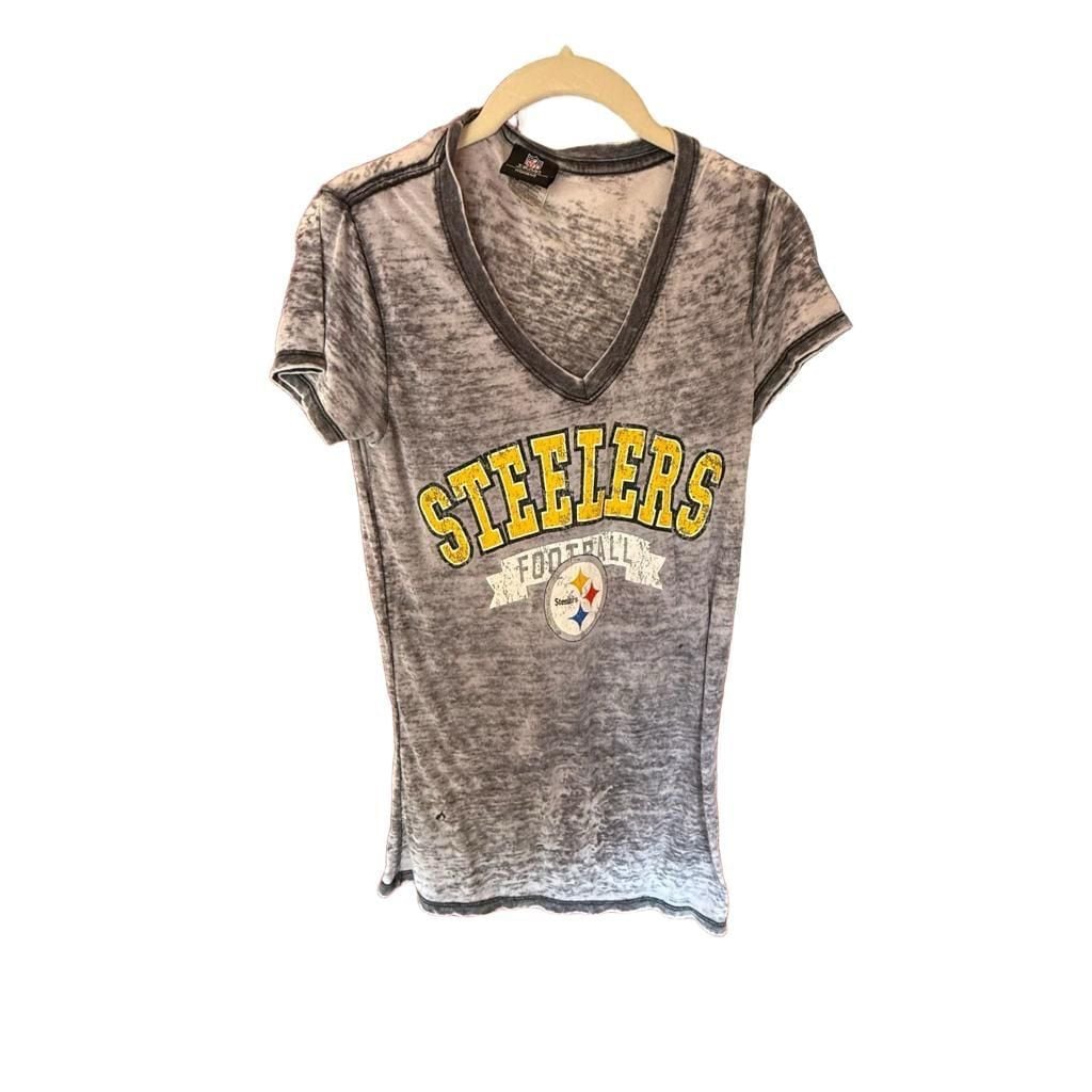 NFL Team Apparel Pittsburgh Steelers V-Neck T-Shirt Size S Gray Burnout 2