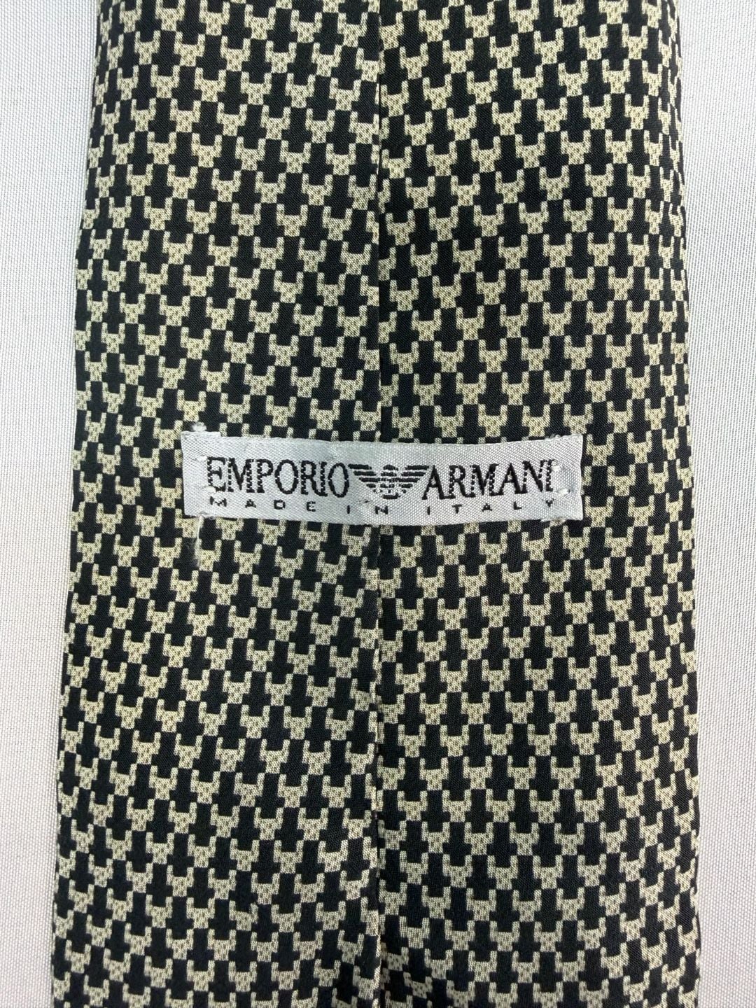 Emporio Armani Silk Necktie Houndstooth Black Beige Pattern Made in Italy 2