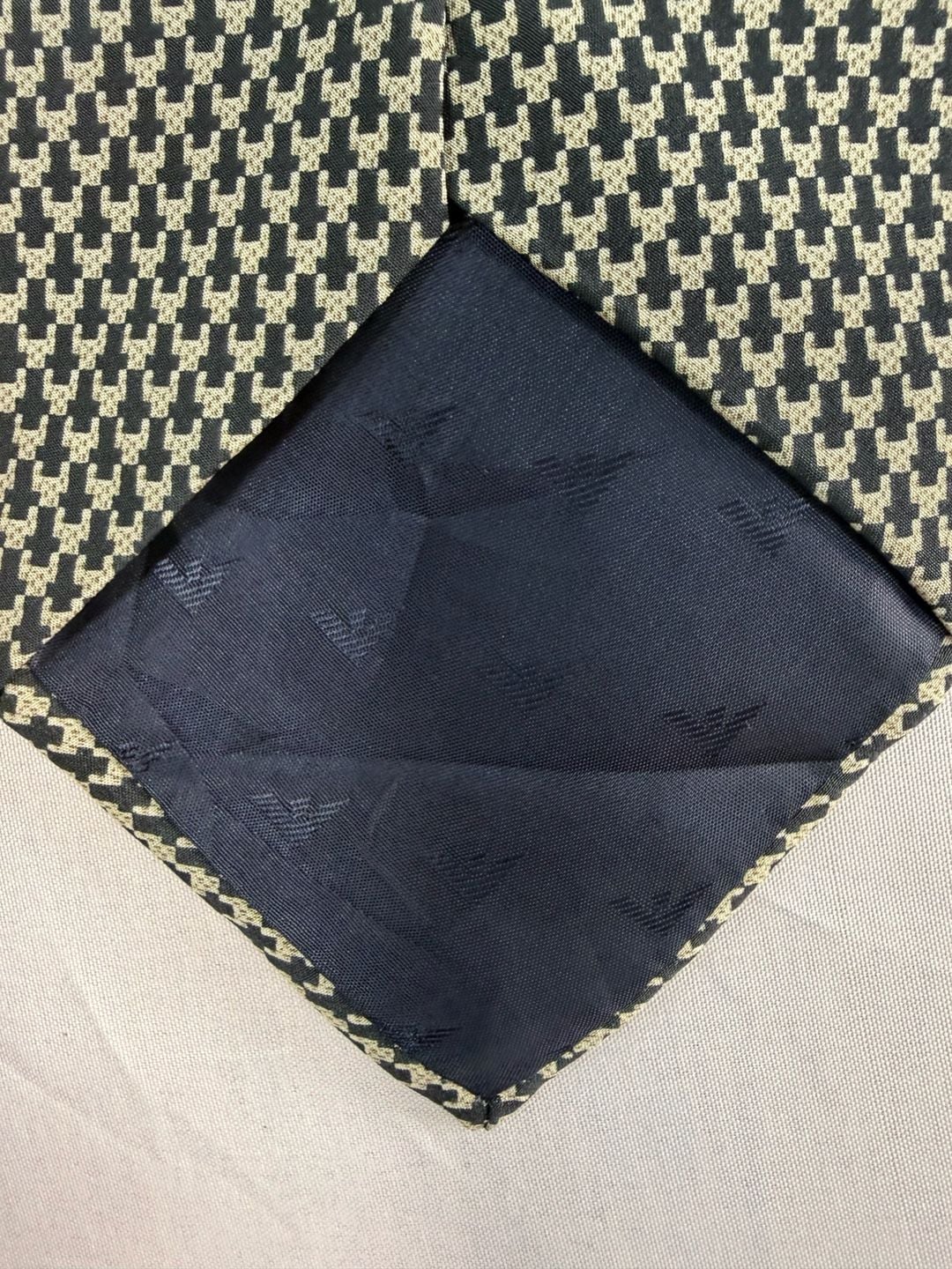 Emporio Armani Silk Necktie Houndstooth Black Beige Pattern Made in Italy 3