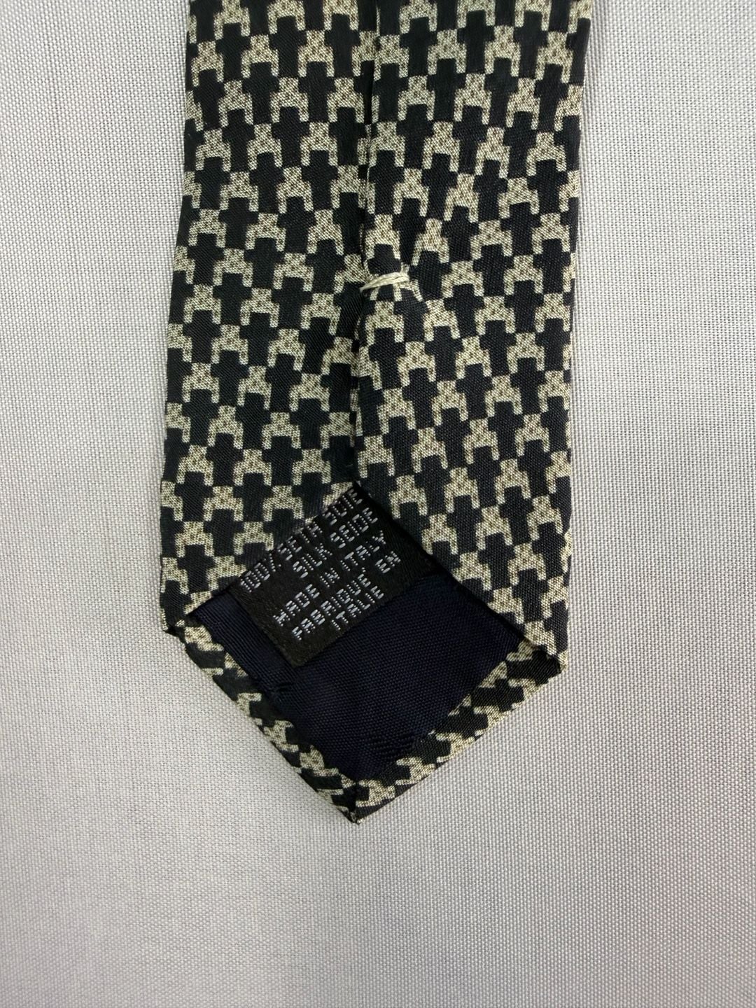 Emporio Armani Silk Necktie Houndstooth Black Beige Pattern Made in Italy 5