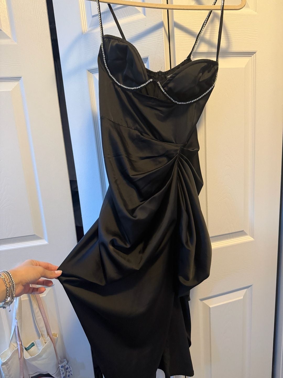PrettyLittleThing Rhinestone Trim Ruched Satin Dress Black 2