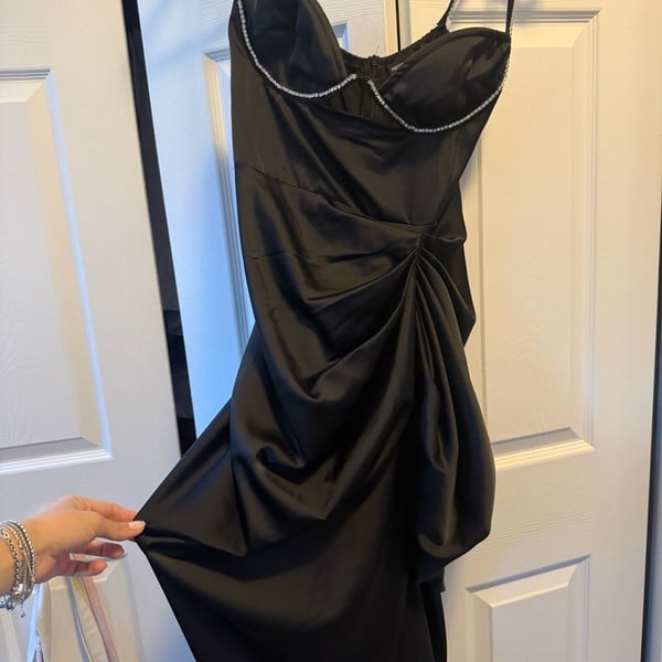 PrettyLittleThing Rhinestone Trim Ruched Satin Dress Black