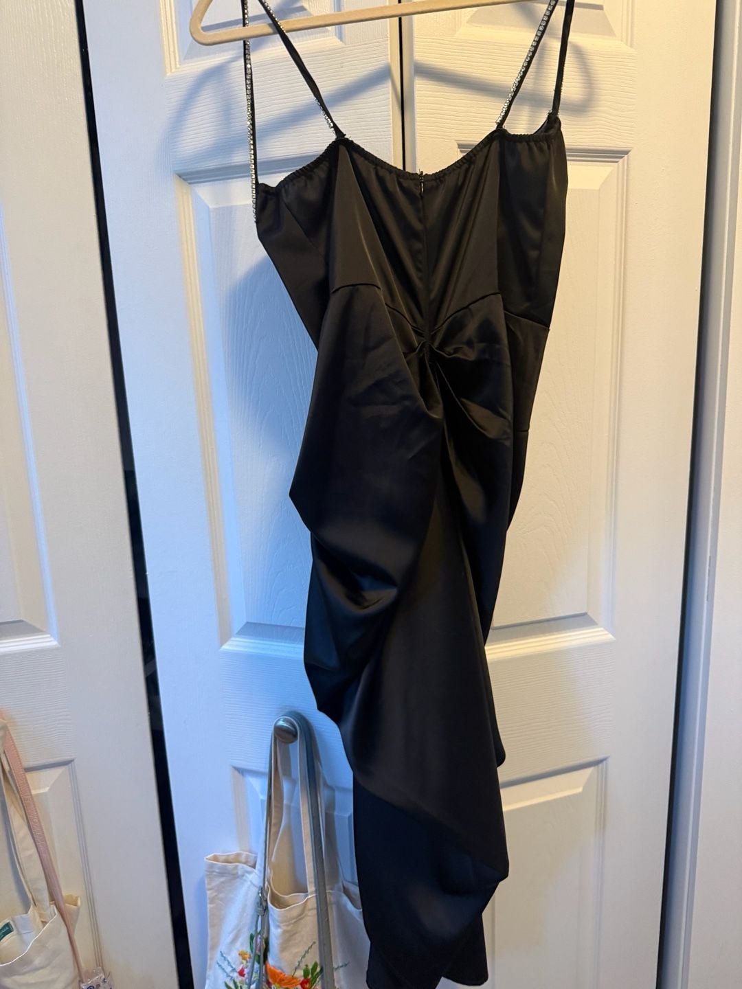 PrettyLittleThing Rhinestone Trim Ruched Satin Dress Black 3