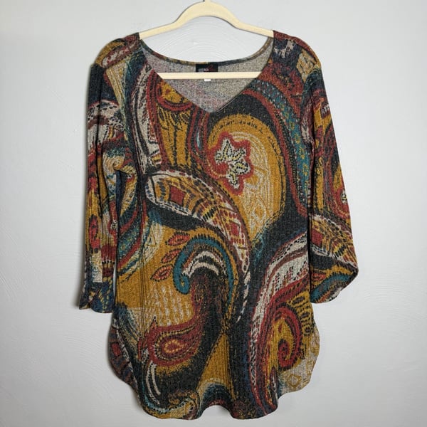Andria Lieu Top Size L Paisley Print V-Neck 3/4 Sleeve Tunic