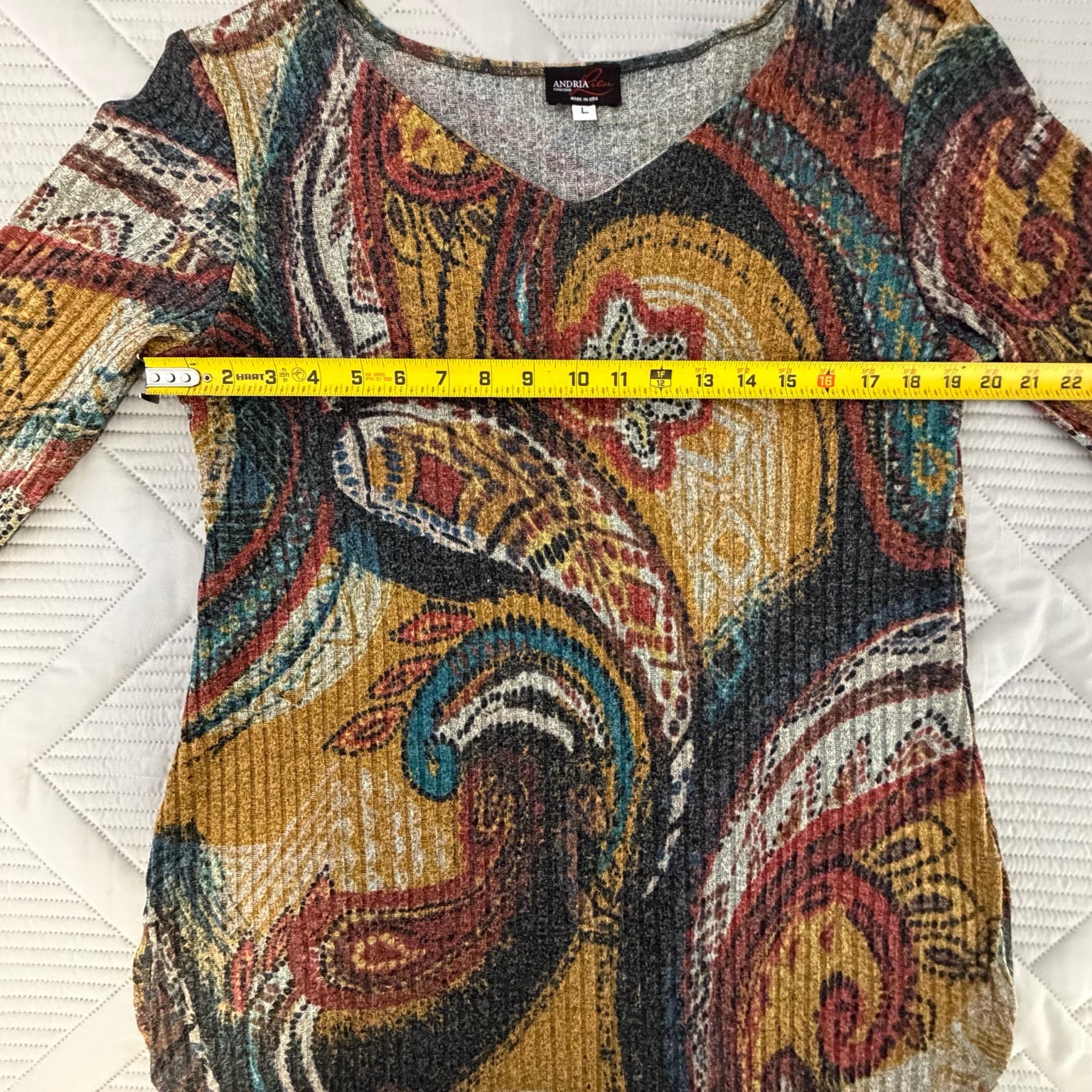Andria Lieu Top Size L Paisley Print V-Neck 3/4 Sleeve Tunic 4