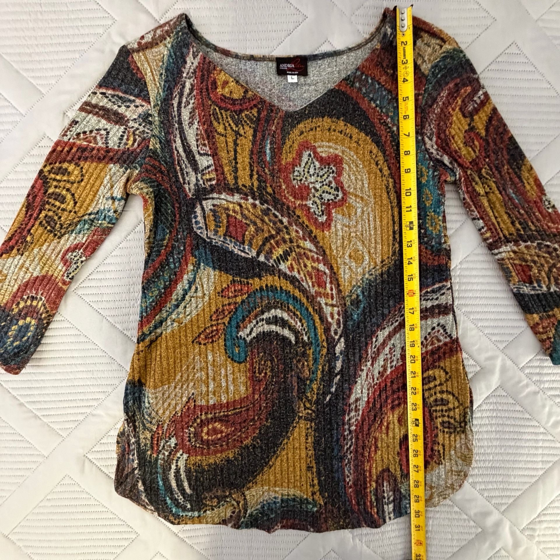 Andria Lieu Top Size L Paisley Print V-Neck 3/4 Sleeve Tunic 5