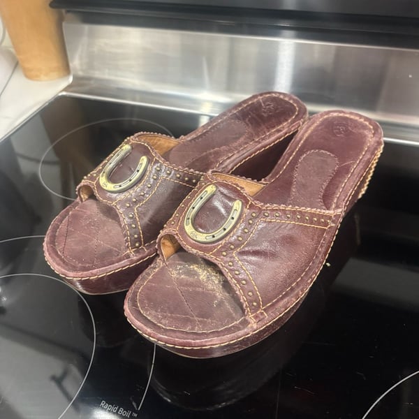 Ariat Casey Wedge Slide Sandals Size 9 Brown Leather Horseshoe