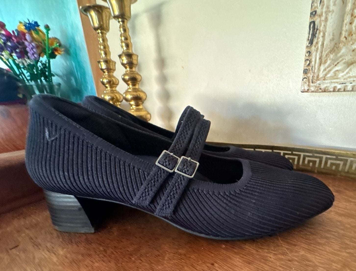 Vivaia Mary Jane Heels Size 39.5 Navy Knit Chunky Block Heel Pumps 2