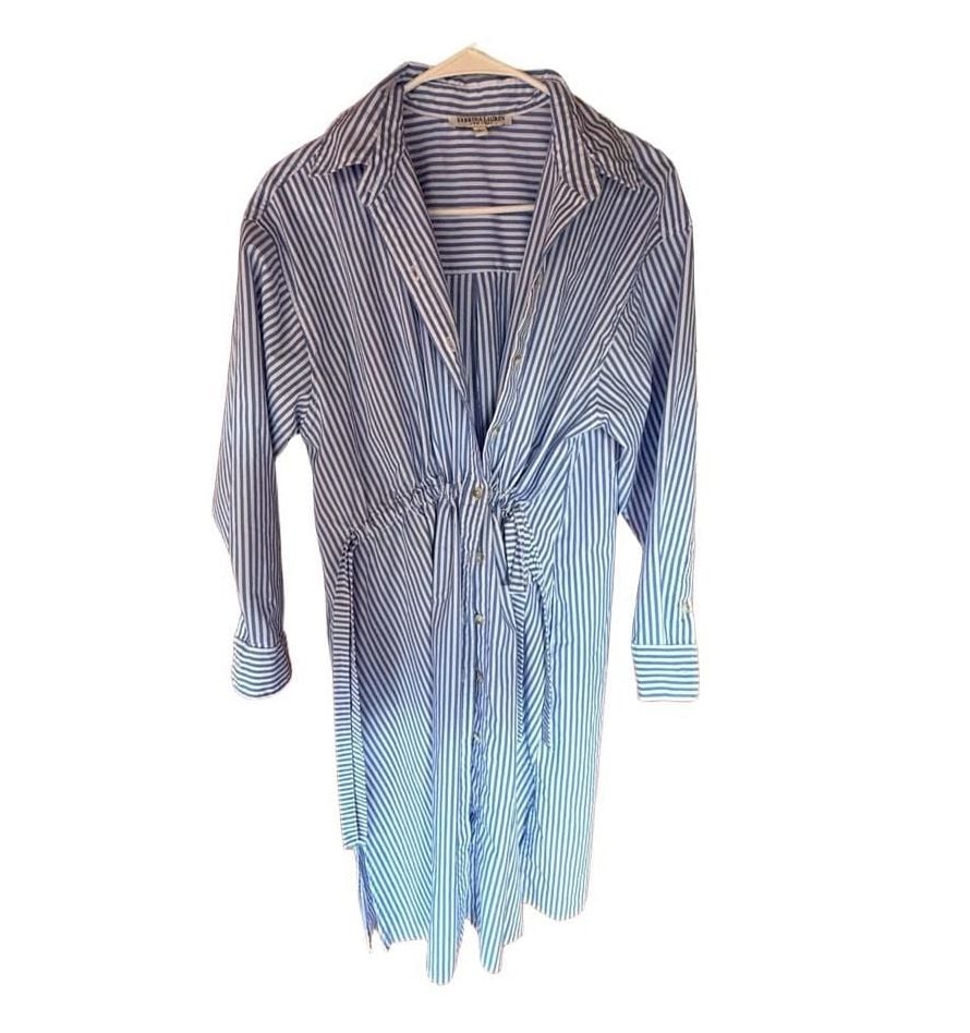 Sabrina Lauren Shirt Dress Size M Blue White Striped Drawstring 2