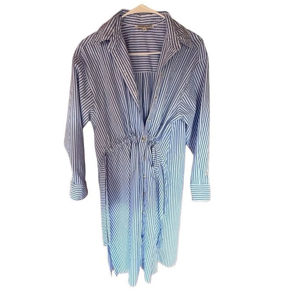 Sabrina Lauren Shirt Dress Size M Blue White Striped Drawstring
