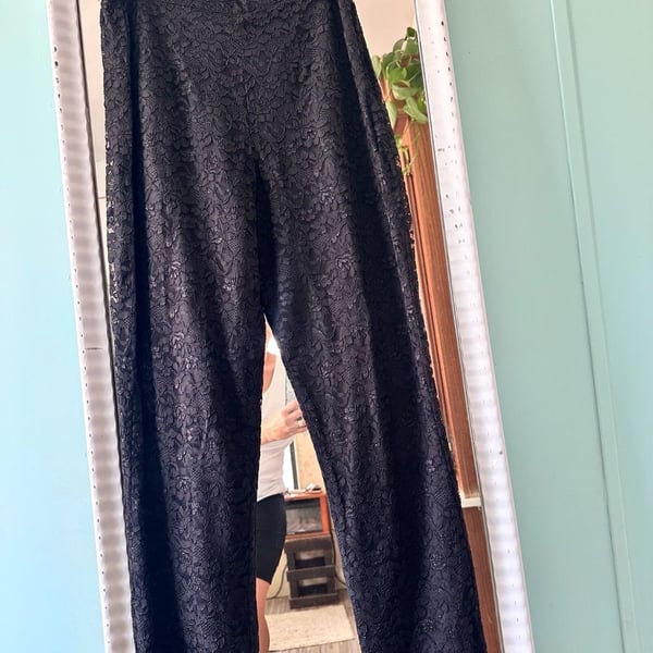 Terry Lewis Lace Pants Size M Black Floral Overlay Wide Leg