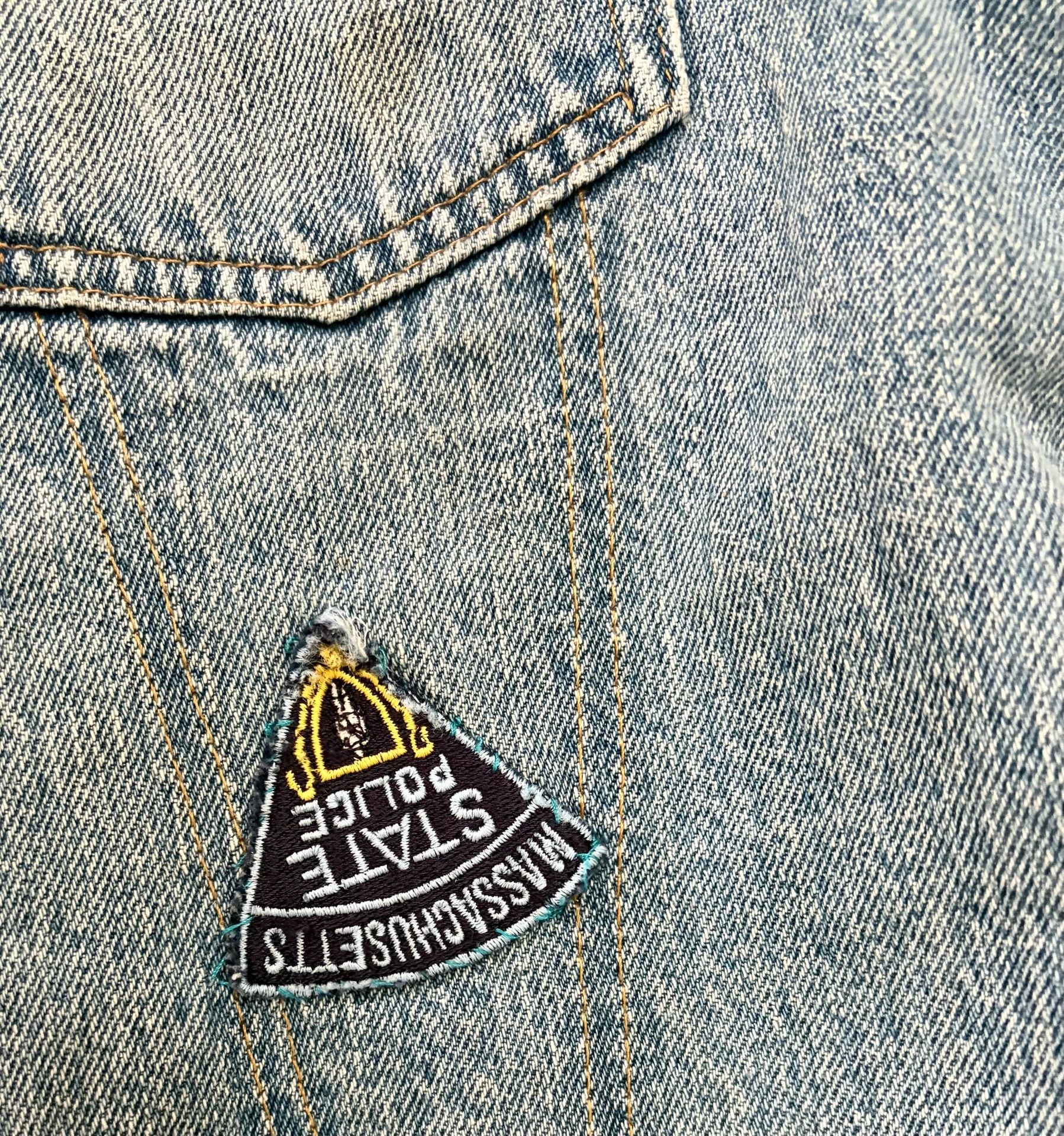 Bar C Authentic Western 1980s Denim Jacket Blue Wash Distressed Harley Davidson Patch 10