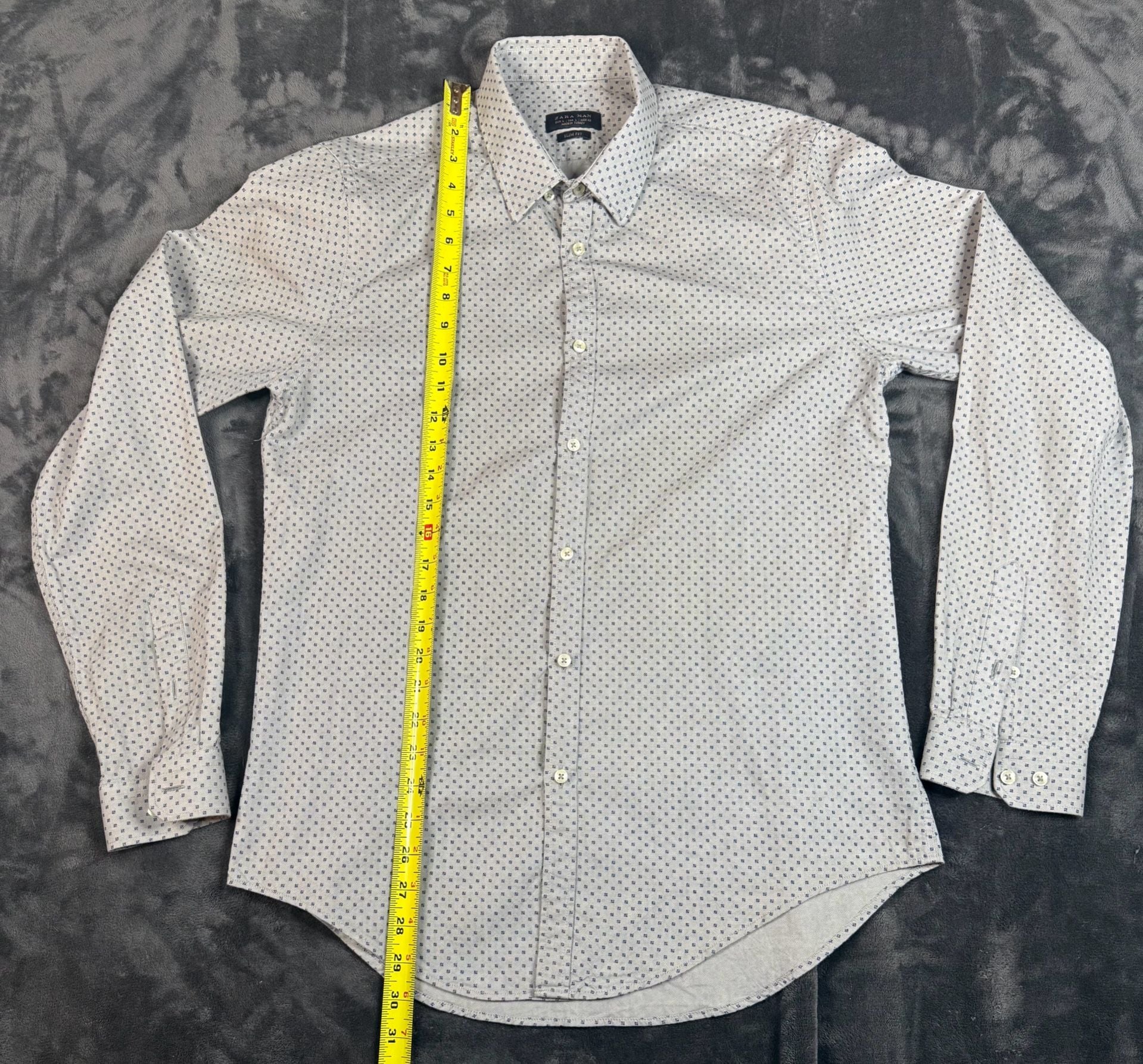 Zara Man Slim Fit Long Sleeve Button Up Shirt Size L Gray Dot Print#148 2